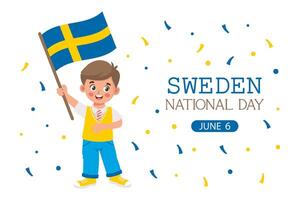 Sweden National Day. Banner with cute little boy with Swedish flag in hand. Holiday illustration. vector