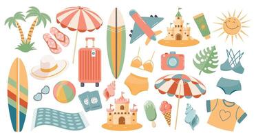 Set of cute summer icons, stickers. Collection of scrapbooking elements for beach party. Tropical vacation. vector
