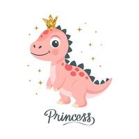 Princess dino card template. Cute dinosaur fairy, baby sweet poster. Scandinavian style animal, shirt print or sticker. Greeting card vector