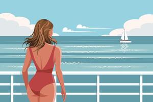 marina. un joven mujer en un traje de baño mira a el mar con un yate. vacaciones concepto. ilustración. vector