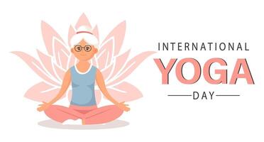 internacional yoga día. un mayor mujer es haciendo yoga. ilustración, póster, bandera vector