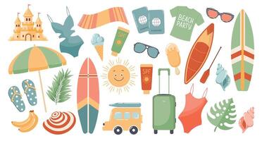 Set of cute summer icons, stickers. Collection of scrapbooking elements for beach party. Tropical vacation. vector