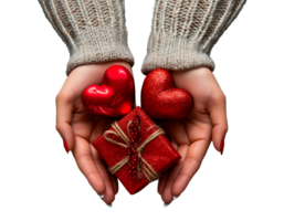 Female hand holding gift box with heart and transparent background png