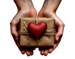 Female hand holding gift box with heart and transparent background png