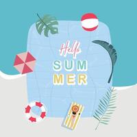 fiesta verano hora tarjeta postal con piscina y playa para cuadrado diseño vector