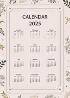 2025 table yearly calendar week start on Sunday with boho that use for vertical digital and printable A4 A5 size vector