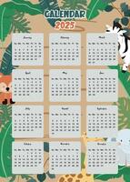 2025 table yearly calendar week start on Sunday with safari that use for vertical digital and printable A4 A5 size vector