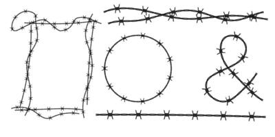 Twisted barbed wire silhouettes set in rounded and square shapes. illustration of steel black wire barb fence frames. Concept of protection, danger or security vector