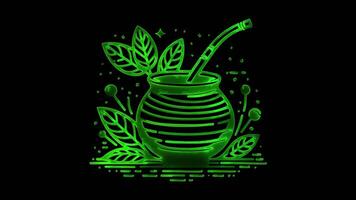 Glowing looping icon, traditional South American herbal tea effect, black background. video