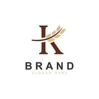 Initial K Letter with Wheat Grain for Bakery, Bread, Logo Design Icon Illustration vector