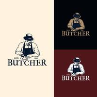 Butcher logo with a man cutting meat classic style design vector