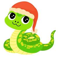 Cute Cartoon Snake. Chinese 2025 New Year symbol, happy animal character mascot in Santa hat. Happy funny serpent with spots on skin. Colored flat illustration isolated on white background vector