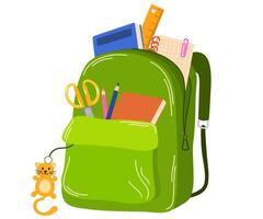 School bag packed with school accessories. Backpack, kids bag full of stationery, pens, notebooks, books, ruler sticking out from pockets. Flat illustration isolated on white background vector