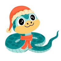 Cute Cartoon Snake. Chinese 2025 New Year symbol, happy animal character mascot in Santa hat. Happy funny serpent with spots on skin. Colored flat illustration isolated on white background vector