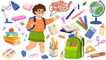 Big set of school supplies. Hello school lettering. Little cute guy is going to study. Children's subjects for study. illustration in a flat style isolated on a white background vector