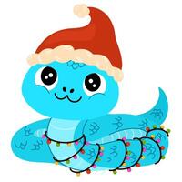 Cute Cartoon Snake. Chinese 2025 New Year symbol, happy animal character mascot in Santa hat. Happy funny serpent with spots on skin. Colored flat illustration isolated on white background vector