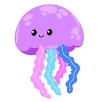 Cute smiling jellyfish or medusa. Funny underwater jelly fish with eyes. Childish colored flat cartoon illustration of submarine invertebrate creature vector