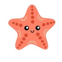 Cute smiling starfish isolated on white background. Happy underwater animal with eyes and mouth. Childish character. Colored flat cartoon illustration vector