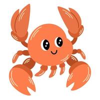 Cute red crab with funny eyes and claws. Sea creature with pincers isolated on white background. Childish colored flat cartoon illustration of funny smiling lobster vector