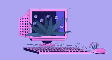 antiguo computadora con creciente plantas lofi fondo de pantalla. Clásico electrónico dispositivo 2d dibujos animados plano ilustración. retro ordenador personal estación y Fresco flora frío arte, lo fi estético vistoso antecedentes vector