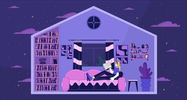 mujer descansando en casa lofi fondo de pantalla. caucásico hembra leyendo libro a acogedor hogar 2d dibujos animados plano ilustración. cómodo Doméstico estilo de vida frío arte, lo fi estético vistoso antecedentes vector