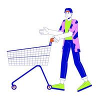 asiático hombre emprendedor compras carro 2d lineal dibujos animados personaje. supermercado cliente con carretilla aislado línea persona blanco antecedentes. visitando Tienda a comprar productos color plano Mancha ilustración vector