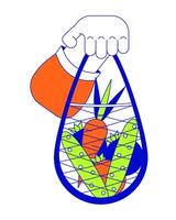 Holding mesh bag with vegetables linear cartoon character hand illustration. Buying healthy food in grocery outline 2D image, white background. Reusable shopping bag editable flat color clipart vector