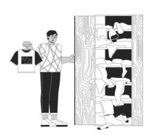Unsatisfied arab man at full wardrobe black and white cartoon flat illustration. Male shopaholic cartoon outline character isolated on white. Overconsumption monochrome scene outline image vector