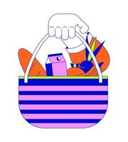 Showing basket full of products linear cartoon character hand illustration. Choosing reusable bag for shopping outline 2D image, white background. Consumption editable flat color clipart vector