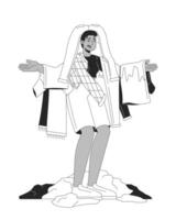 Scared black woman with clothes black and white cartoon flat illustration. Female fashion addicted cartoon outline character isolated on white. Overconsumption monochrome scene outline image vector