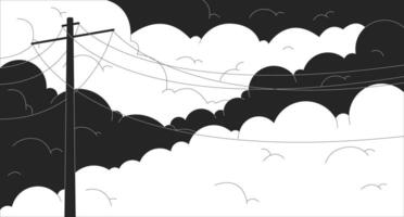 Power transmission lines against cloudy sky outline 2D cartoon background. Daybreak romantic scene linear aesthetic illustration. Dawn time beauty flat wallpaper art, monochromatic lofi image vector