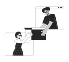 Selling used stuff online black and white 2D illustration concept. Latin american man giving box to asian woman isolated outline person. E commerce metaphor monochrome art vector