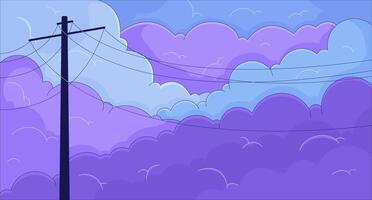 Power transmission lines against cloudy sky 2D cartoon background. Daybreak romantic scene colorful aesthetic illustration, nobody. Dawn time beauty flat line wallpaper art, lofi image vector