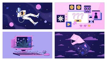 Outer space and computer technology lofi wallpaper set. Dreams and fantasy visualization 2D cartoon flat illustration pack. Abstract scenes chill art, lo fi aesthetic colorful background vector