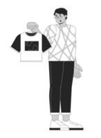 Arab man displeased by new t shirt black and white 2D line cartoon character. Arab male disliking clothes isolated outline person. Product return monochromatic flat spot illustration vector
