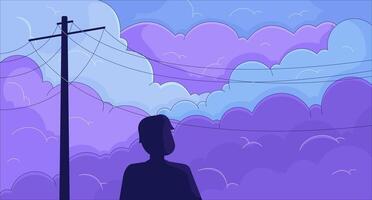 Person enjoying dawn standing under power lines lofi wallpaper. Human silhouette against cloudy sky 2D cartoon flat illustration. Contemplation chill art, lo fi aesthetic colorful background vector