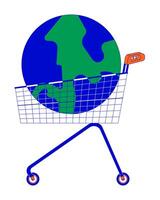 Earth globe in shopping cart 2D linear cartoon objects. International consumerism. Overconsumption isolated line elements white background. Buying whole world color flat spot illustration vector