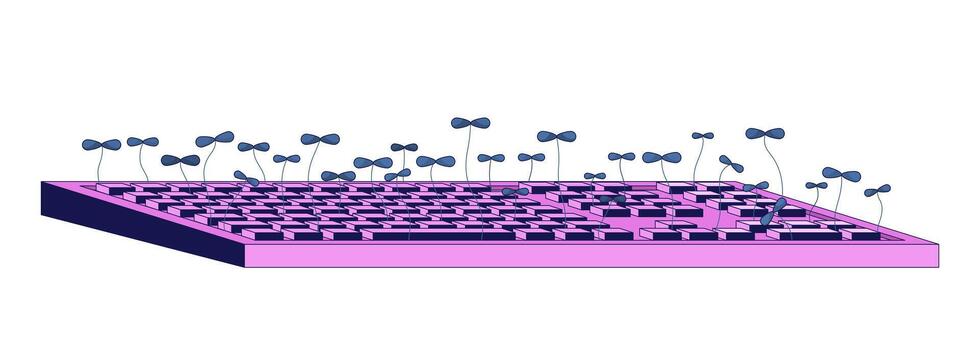computadora teclado con planta coles 2d lineal ilustración concepto. datos entrada dispositivo con césped dibujos animados artículos aislado en blanco. tecnología y naturaleza metáfora resumen plano contorno gráfico vector