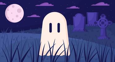 Ghost at night cemetery lofi wallpaper. Halloween theme. Cute spirit floating at full moon 2D cartoon flat illustration. Life after death chill art, lo fi aesthetic colorful background vector