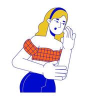 Shocked caucasian woman covering mouth with hand 2D linear cartoon character. Emotional european female isolated line person white background. Surprise color flat spot illustration vector