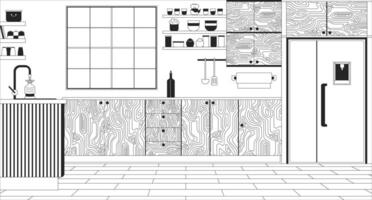 cómodo cocina con minimalista mueble negro y blanco línea ilustración. comida Cocinando sitio a hogar 2d interior monocromo antecedentes. Doméstico estilo de vida contorno escena imagen vector