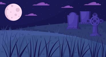 Old cemetery at full moon 2D cartoon background. Ancient gravestones on night meadow colorful aesthetic illustration, nobody. Forgotten tomb yard flat line wallpaper art, lofi image vector