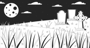 Old cemetery at full moon outline 2D cartoon background. Ancient gravestones on night meadow linear aesthetic illustration. Forgotten tomb yard flat wallpaper art, monochromatic lofi image vector