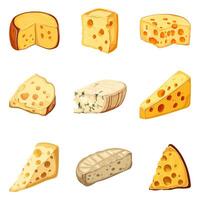 A set of cheeses.Cheddar, mozzarella, maasdam, brie, roquefort, gouda, parmesan. Delicious cheese cut into triangles and slices. Flat illustration on a white background vector