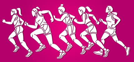 grupo de mujer corriendo maratón corredor dibujos animados deporte vector