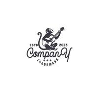 monkey playing guitar vintage monochrome unique logo design graphic illustration vector