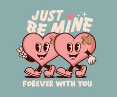 just be mine slogan calligraphy with retro cartoon character couple heart, be used for print design, t shirt, poster, street wear and urban style. graphic illustration vector