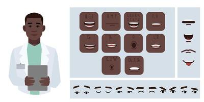 Medical worker doctor avatar creation suitable for animation. Generator, constructor of diverse eyes, lips, emotion expressions mouth animation and lip sync. Male character face construction. vector