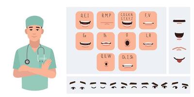 Medical worker doctor avatar creation suitable for animation. Generator, constructor of diverse eyes, lips, emotion expressions mouth animation and lip sync. Male character face construction. vector