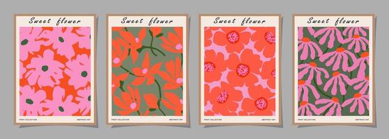 Set of Abstract groovy floral posters. Trendy botanical wall art with flower design print in vibrant colors. Modern naive for interior decor, cover, card, template, banner, wallpaper and background. vector